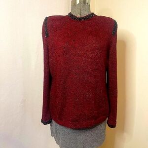 Vintage Dunollie Looms summery red sweater w/black sequin trim